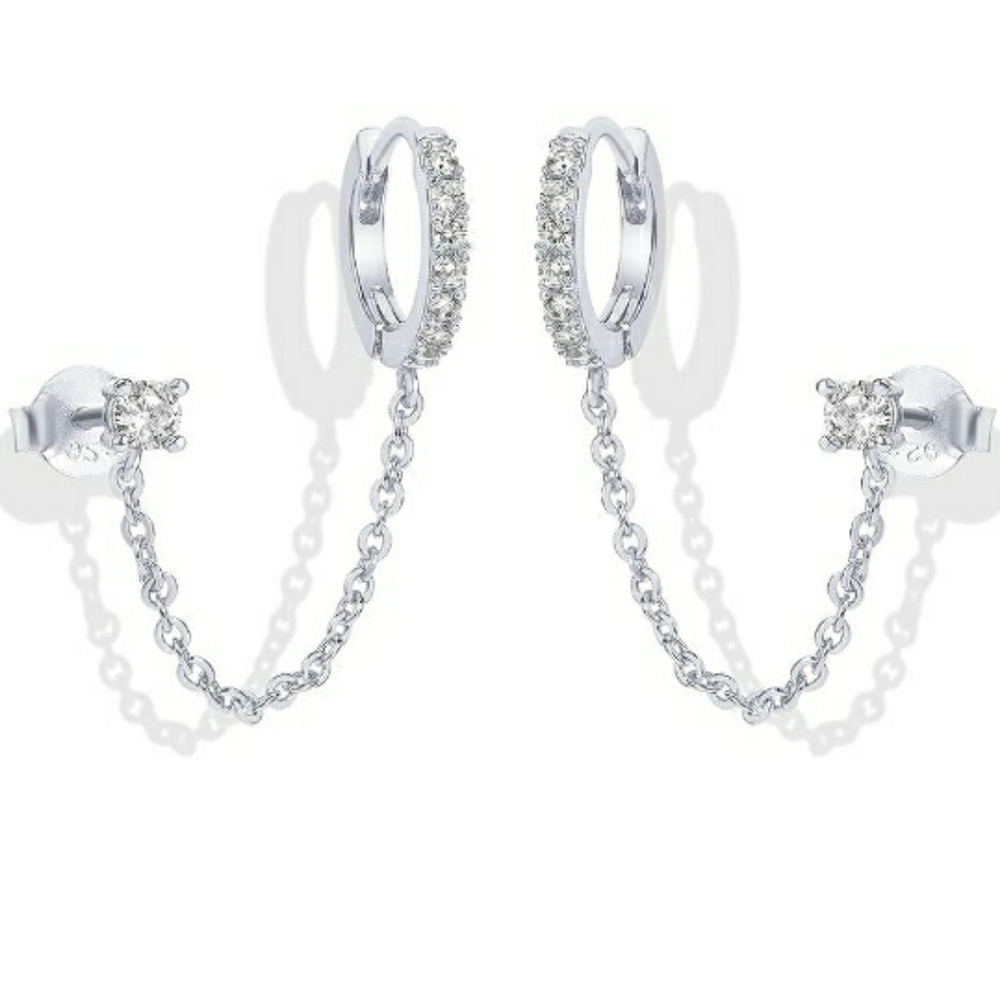 14K White Gold Chain Double Piercing Dangle Huggie Hoop Pearl Stud Cuff Earrings
